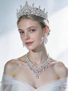 Sparkling Silver Bridal Set, Exquisite High-Style Diamond Tiara, Includes Luxurious Necklace And Pendant Earrings, Designed For Grand Wedding Day - Silver - View 2