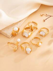 7pcs Set Asymmetrical Baroque Faux Pearl Twisted Flower Textured Open Rings, Multiple Styles Adjustable Wide Band Stackable Rings, Gentle Vintage Atmosphere Accessories, Suitable For Commute Floral Outfit, Girl Daily Wear - Gold - View 5