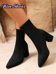 2026 New Elegant Fashion Chunky Heel Pointed Toe Boots, Elastic Slim Sock Boots, High Heel Ankle Boots For Spring, Autumn, Winter, All Seasons - Black - View 9