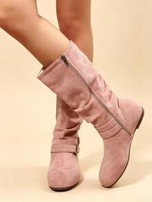 Women's Ruched Mid-Calf Boots With Strap Buckle Side Zipper Flat Heel Round Toe Elegant Versatile Comfortable Vacation Commute Daily Fashion Boots - Pink - View 4