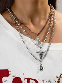 3pcs Western Cowboy Style Women's Chain Layered Necklace, Vintage Silver Bull Head, Cowboy Boots, Cowboy Hat Pendant Design, Versatile For Daily Wear, Express Your Personalized - Multicolor - View 2