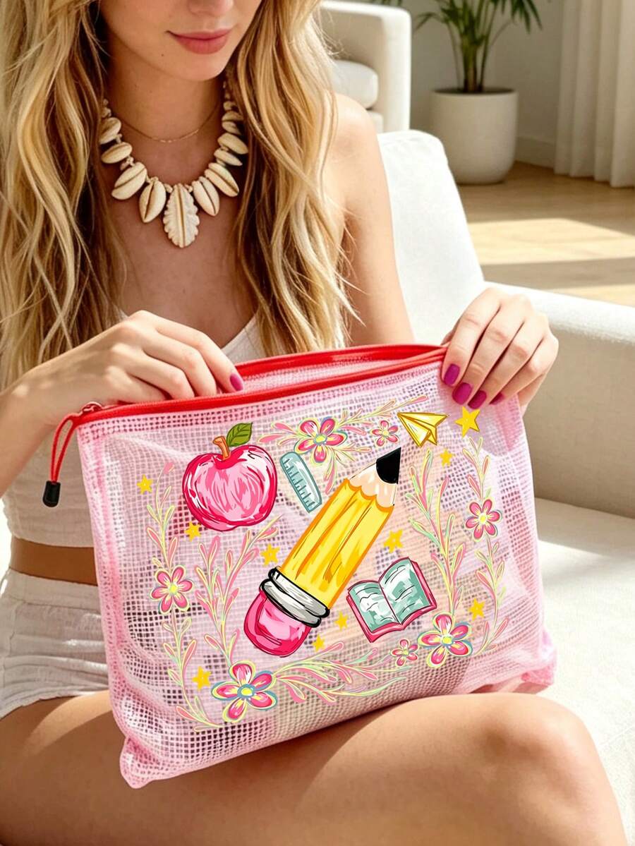 Mesh Zipper Makeup Bag,Apple Pencil Book Print,Back To School Mesh Storage Bag,Portable Zipper Stationery Pouch,Large Capacity Cosmetic Bag,Transparent Pen Bag,School Supplies Storage,For School Office Travel,Gifts For Teachers And Students - Multicolor - View 1