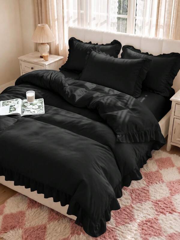 2/3pcs Ruffle Duvet Cover Set, Dorm Bedding, Black Bedding Set, Cozy Room Decor, Skin-Friendly Breathable, Ultra Soft Anti-Pilling, No Duvet Insert, Suitable For Twin/Full/Queen/King Size Bed, All Season, Machine Washable, Back To School