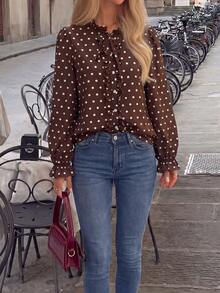 Women's Polka Dot Pleated Casual Versatile Daily Wear Top - Brown - View 6
