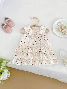 1pc Girls Outdoor Casual Sweet Multi-Layer Ruffle Colorful Polka Dot Sleeveless Dress Summer - Apricot - View 2