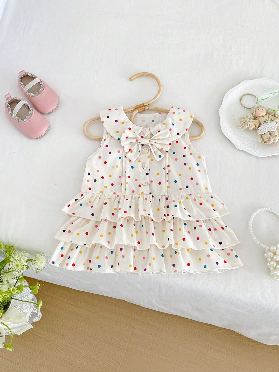 1pc Girls Outdoor Casual Sweet Multi-Layer Ruffle Colorful Polka Dot Sleeveless Dress Summer