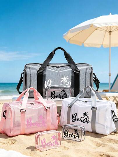 Bolsa de viaje transparente de gran capacidad y resistente al agua con bolsa de maquillaje mini, impresa con el texto "Beach", material de gelatina de PVC, ligera y portátil, se puede usar como bolsa de maquillaje, bolsa de aseo, diseño de cremallera de nailon, ligera y portátil, también adecuada para almacenar ropa, documentos, artículos de papelería, protector solar, aperitivos, bikini y artículos esenciales de playa, regalo ideal para amigos, familia, mejores amigos, compañeros de clase, regalo de temporada de graduación, suministros de enseñanza, opción perfecta para bolsa de maestro