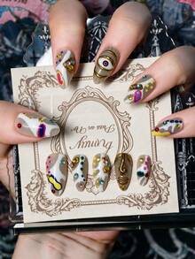 10pcs Handmade Press On Nails Set - Vintage French Style, Nude White Beige Square Nails, Gold Abstract Art & 3D Face Design, Color Dot Details, Reusable False Nails, Cute Nail Art, For Valentine's Day, Easter, Parties & Daily Wear. - 白色 - 查看 1