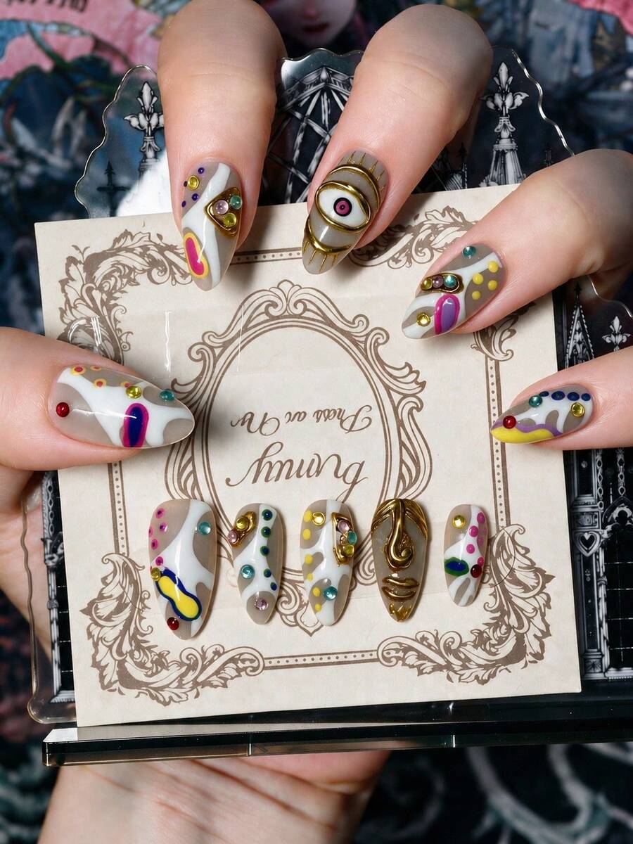 10pcs Handmade Press On Nails Set - Vintage French Style, Nude White Beige Square Nails, Gold Abstract Art & 3D Face Design, Color Dot Details, Reusable False Nails, Cute Nail Art, For Valentine's Day, Easter, Parties & Daily Wear. - 白色 - 查看 1