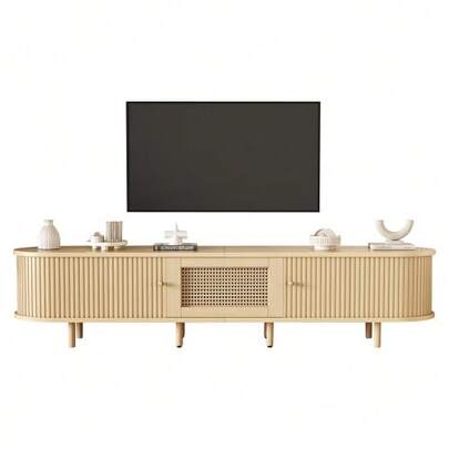 Modern TV Stand, Low TV Cabinet With Rounded Design And Roller Shutter Door, Made Of MDF, With Drawer, Suitable For Screens Up To 75 Inches, Ideal For Living Room And Dining Room, 180x40x40 Cm, Wood Color