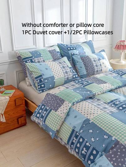 2/3pcs Boho Floral Patchwork Duvet Cover Set, Soft Brushed Polyester With Bow Print, Zipper Closure, Machine Washable, Water-Washed Denim Blue, All-Season Use For Bedroom/Home, Perfect Gift For Women & Teens