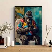 1pc Unframed Canvas Wall Arts Poster, Modern Summer Orangutan On Toilet With Vibrant Fashion Glasses & Phone, For Bedroom, Living Room, Kitchen, Or Hallway, Unique Gift Idea - 222 - View 1