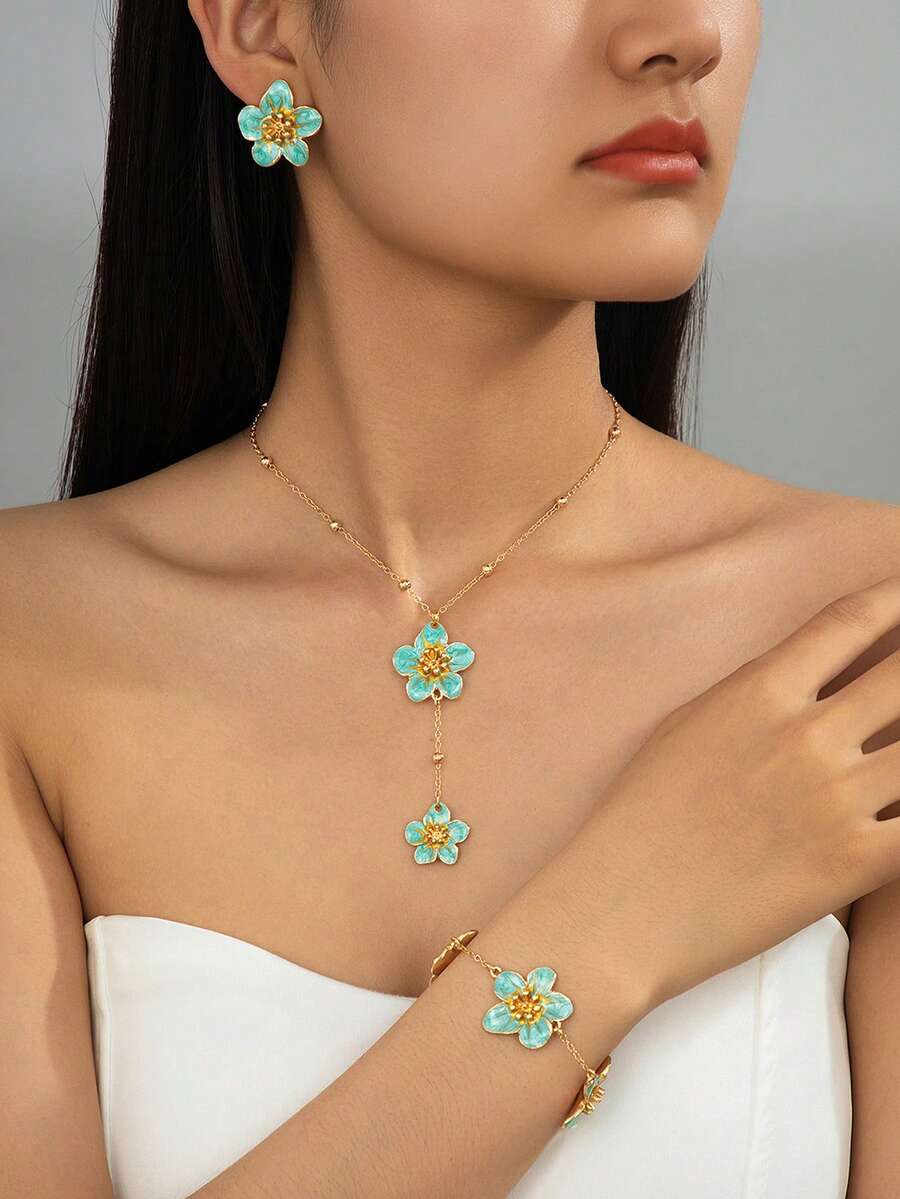 1件新款優雅手工滴油清新綠色琺瑯雞尾酒花吊墜項鍊/手鍊/耳環 3件套女士珠寶套裝 - 綠色 - 查看 1