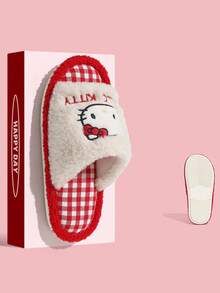 MAOLI Hello Kitty 開趾毛絨室內拖鞋，四季穿著，貓臉設計，優雅舒適吸汗透氣時尚百搭女款居家拖鞋，適合室內臥室大學宿舍，女款平底涼拖，趣味拖鞋 - 紅色的 - 查看 10