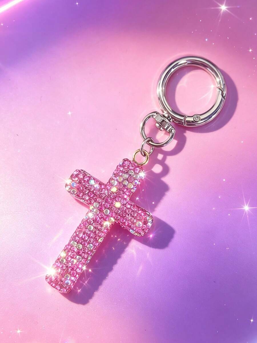 1pc Sweet Cool Party Style Shiny Element Bag Charm, Rhinestone Cross Bag Pendant Keychain Decoration - Pink - View 1
