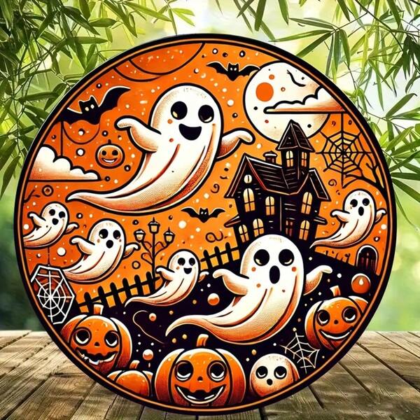 2D Flat Vintage Halloween Iron Wall Decor 8x8 Inch Decorative Plaque, With Cute Ghost, Pumpkin And Haunted House Patterns, Suitable For Home, Cafe, Bar, Office And Club Use, Pre-Drilled Holes, Style As Shown In Size Chart
