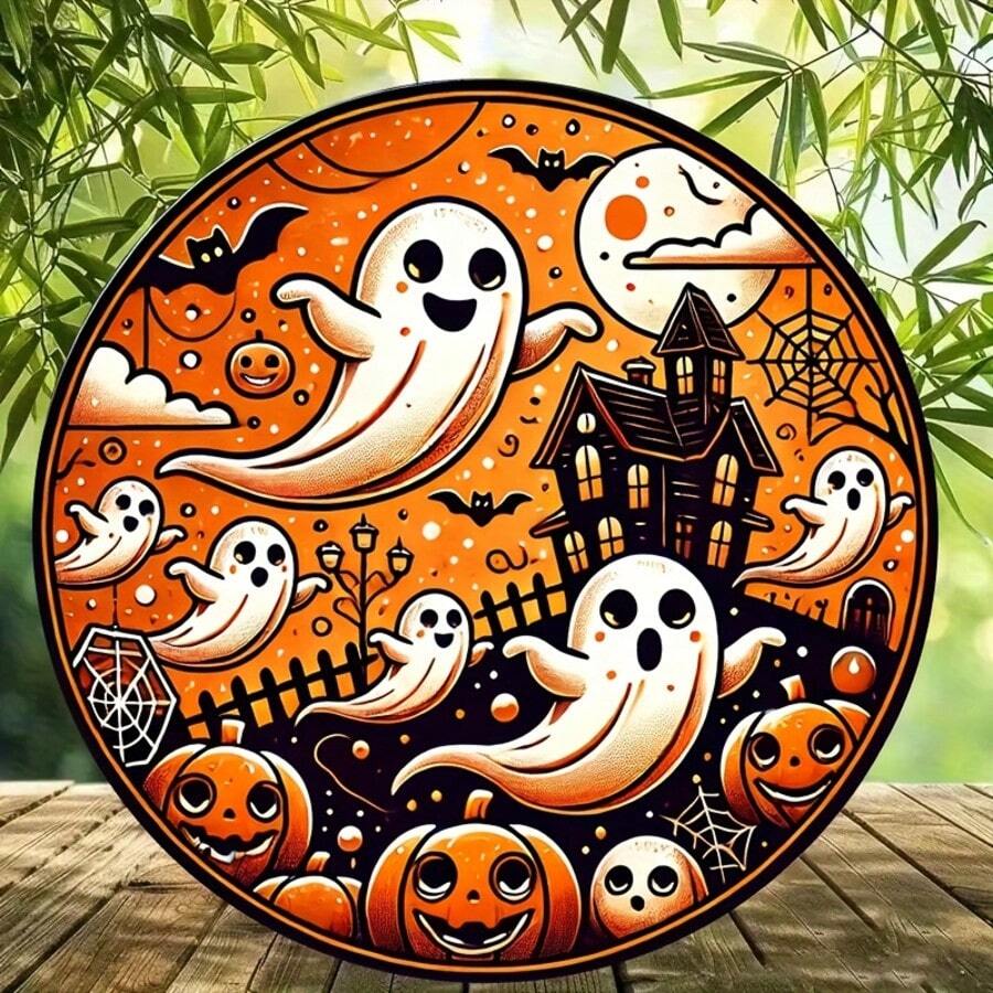 2D Flat Vintage Halloween Iron Wall Decor 8x8 Inch Decorative Plaque, With Cute Ghost, Pumpkin And Haunted House Patterns, Suitable For Home, Cafe, Bar, Office And Club Use, Pre-Drilled Holes, Style As Shown In Size Chart - Multicolor - View 1