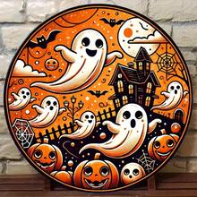 2D Flat Vintage Halloween Iron Wall Decor 8x8 Inch Decorative Plaque, With Cute Ghost, Pumpkin And Haunted House Patterns, Suitable For Home, Cafe, Bar, Office And Club Use, Pre-Drilled Holes, Style As Shown In Size Chart - Multicolor - View 5