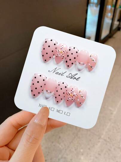 10 Pieces, Handmade, Polka Dot Pearl Flower Carving Gradient, Each Piece Has A Handmade Temperature, Small Differences=Unique Handmade Short Almond Shaped Pure Handmade Nail Board Set, Sweet Girl Nail Art, 1 Nail File And 1 Piece Of Jelly Glue