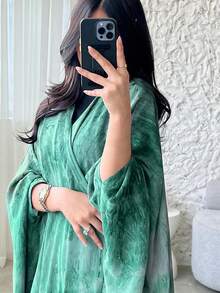 1pc Elegant Casual Tie Dye Print Abaya Cardigan Long Robe Shawl, Suitable For Daily Wear And Gatherings Spring Fall - Green - View 2