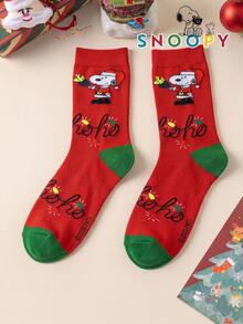 1/2 Pairs Snoopy Socks Men's Autumn/Winter Red & Green Christmas Mid-Calf Sports Socks, Cute Cartoon Pattern Unique Snoopy Halloween Socks - Multicolor - View 12