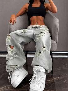Women's Casual Loose Distressed Straight Leg Jeans, With Pockets And Zipper, Long Non-Stretch Fabric, Suitable For Summer Loose Style - Grey - View 2