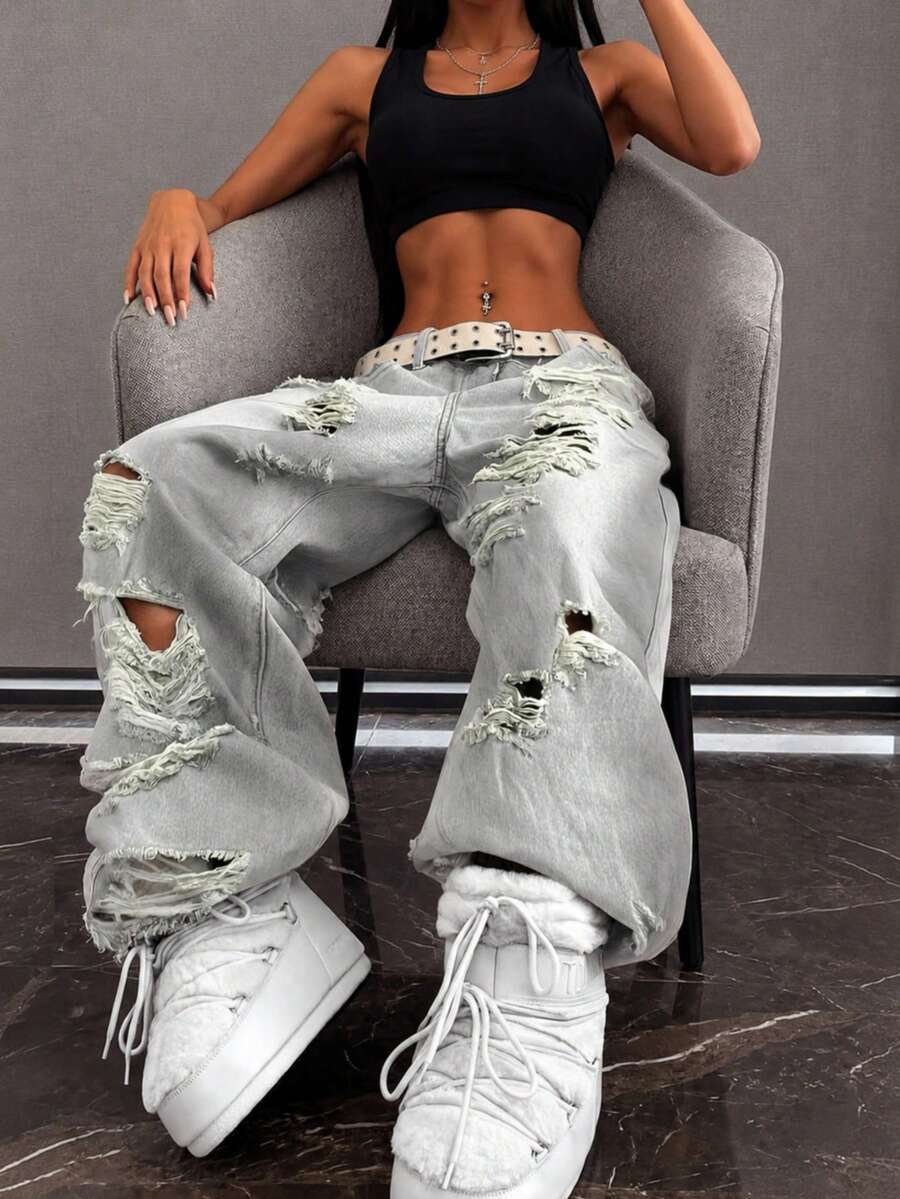 Women's Casual Loose Distressed Straight Leg Jeans, With Pockets And Zipper, Long Non-Stretch Fabric, Suitable For Summer Loose Style
