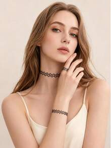 6Pcs Tattoo Choker Set Stretchy 90s Necklace Bracelet And Rings For Women - Multicolor - View 3