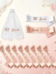 Bachelorette Party Sash Set With Veil, 11pcs & 10pcs Sash Set, Suitable For Wedding Party And Team Use, Can Be Used As Bride Gift Or Wedding Decoration, Also Suitable For Bride Gift Ceremony. Suitable For Bachelorette Party, Wedding, Bride-To-Be Outfit And Accessories - Multicolor - View 2