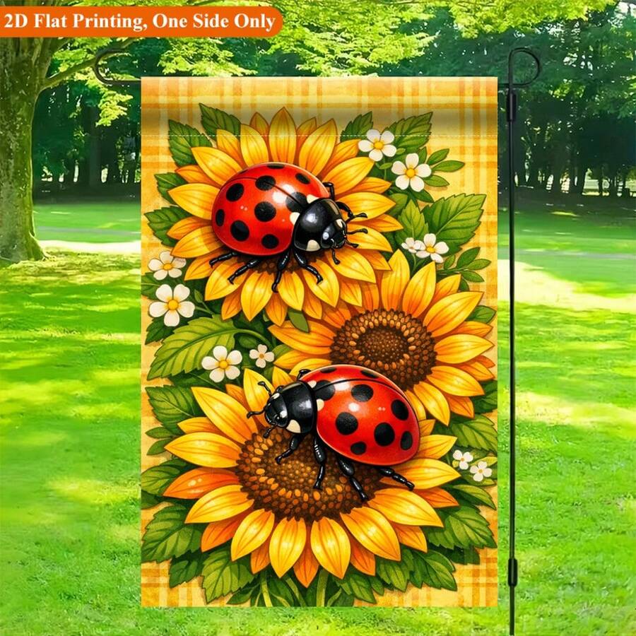 2D Flat Printed Garden Flag 1pc, Sunflower With Ladybug Garden Flag - Single-Sided Printed Outdoor Decoration, Suitable For Home And Garden, Holiday Decor, Durable Polyester, 11.8X17.7 Inches, Flag Pole Not Included