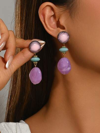 1 Pasang Anting Stud Emas Bohemian Elegan dengan Pola Marmer, Motif Riak Air, dan Liontin Batu Turkuois Imitasi, Anting Liontin Blok Plastik dengan Berbagai Pola Warna Dopamin, Anting Seksi dan Elegan untuk Wanita, Cocok untuk Liburan, Pesta, dan Pemakaian Sehari-hari, Desain Sederhana dan Serbaguna untuk Wanita Menawan, Warna dan Pola Manik-manik Acak
