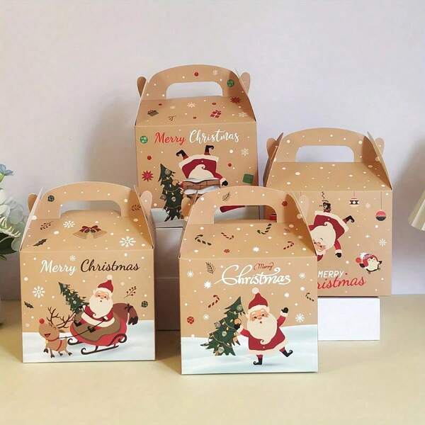 12pcs Christmas Gift Boxes, Size 5.51*3.93*4.72 Inches, Christmas Eve Gift Bags, White Cardboard Boxes, Holiday Party Gifts, With Handles And Lids, Suitable For Home, School, Holiday, 4 Designs