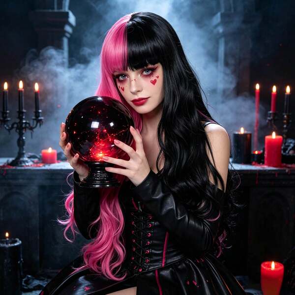 Half Black Half Hot Pink Split Dye Long Wavy Synthetic Wigs With Straight Bangs Two Tone Color Full Head Hair Wigs For Women Gothic Halloween Cosplay Party Costume Photoshoot & Holiday Dress Up
