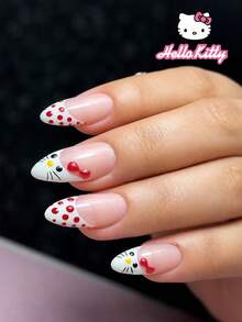 Sanrio Hello Kitty 24片 Y2K 杏仁形白色法式指尖美甲貼，可愛 Hello Kitty 3D 凝膠蝴蝶結與波點設計，完美貼合壓克力假指甲套組，含 1 片果凍膠與 1 把指甲锉，適合女孩日常與派對使用 - 彩色 - 查看 2