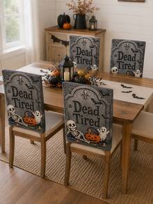 1pc/4pcs/6pcs Gray Halloween Chair Back Cover, Cute Gothic Polyester Dining Chair Slipcover With Dead Tired Tombstone Skeleton Ghost Pumpkin Candy Bat Spider Web Printed Protector For Kitchen, Dining Room, Party, Haunted House And Autumn Home Decor - B - View 6