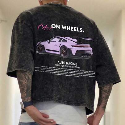 ヘモ メンズ サマー ストリートファッション レーシングカー グラフィック スクエアボックス Tシャツ、ストレッチ性のある洗いこまれたブラックのカジュアル デイリーウェア ボックスクロップトップ