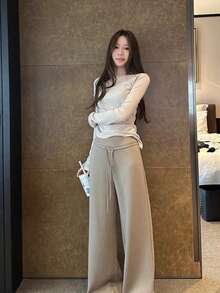 Casual Versatile Asymmetrical Hem Knit Inner Layer T-Shirt Top For Women, Autumn/Winter - Khaki - View 5