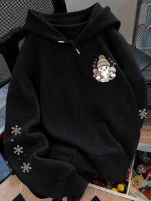 Plus Size Women's Casual Gothic Style Drop Shoulder Hooded Sweatshirt, Thin Long Sleeve Pullover With Gothic Gingerbread Ghost Print, Drawstring Hood, Pockets, Loose Fit, Solid Color Print, Autumn/Winter Fashion Sportswear, Comfortable Plus Size Sweatshirt For Outdoor Sports, Daily Wear, Parties, School, Vacation, Commuting And Halloween - Black - View 5