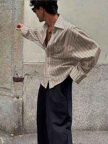 Camisa de manga larga con rayas finas para hombre, estilo casual y de moda adecuado para primavera y otoño - Caqui - Ver 2