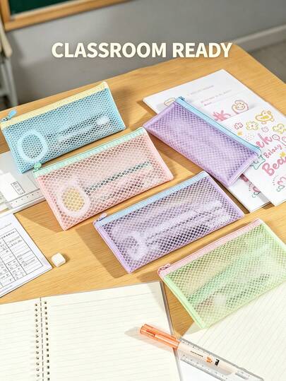 12pcs/1pc Dopamine Simple Mesh Hollow Storage Bag, Portable Makeup Bag, Brush Stationery Coin Pouch, Student Pencil Case For School & Daily Use School Supplies, School Kit