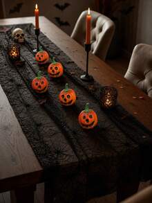 1 Set Black Spider Web Table Runner, Ghost Pumpkin Transparent Tablecloth, Halloween Decoration For Dining Table, Fireplace, Party Atmosphere, Home Decor - Pumpkin + Table Runner - View 2