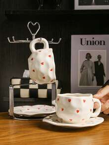 1pc Set Personalized Coffee Cup And Saucer, Small Heart Ceramic Cup And Saucer, Suitable For Club, Home, Cafe Use, Leisure Afternoon Tea - Multicolor - View 7