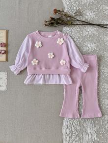 Baby Girls 2pcs Casual Set With 3D Floral Ribbed Flare Pants - Pink - View 7