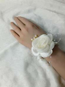1PC/6PCS Elegant Navy Blue Rose Korean Style Silver Leaf Beaded Elastic Pearl Wrist Decor Flower - Navy Blue - View 9