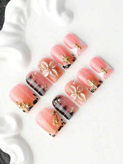 10pcs 100% Handmade Press-On Nails, Short Square Shape, Peach Pink French Tip, 3D Flower, Gold Bead, Starburst, Black Leopard Print Accents, Multi-Layer Gel, Reusable, Includes Tool Kit, Y2K Style, Suitable For Daily, Party, Vacation, Gift For Women
