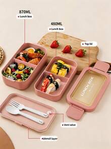 1pc Adult Lunch Box With Utensils, Leak-Proof, Stackable Bento Box, Suitable For Lunch, Meal Prep, Work, Camping, School, Kitchen Accessories, Back To School And Office Essentials (Green + Pink) - Multicolor - View 5