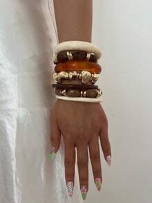 Set Gelang Bulat Akrilik Vintage Elegan 4/3/1 buah, Cocok untuk Pemakaian Sehari-hari Wanita - MultiWarna - View 3
