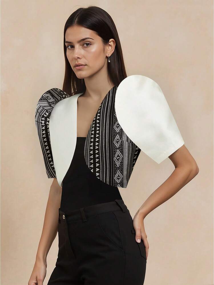 Modern Filipiniana Summer Fashion Elegant Patchwork Bubble Sleeve Short Sleeved Cardigan Top Bolero Filipiniana For Women - Black - View 5