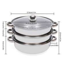 28cm/11in 3-Tier Stainless Steel Steamer Pot With Glass Lid, Silver Multi-Layer Steam Cookware, Dishwasher , Compatible With Induction And Gas Hobs For Home Cooking - View 6