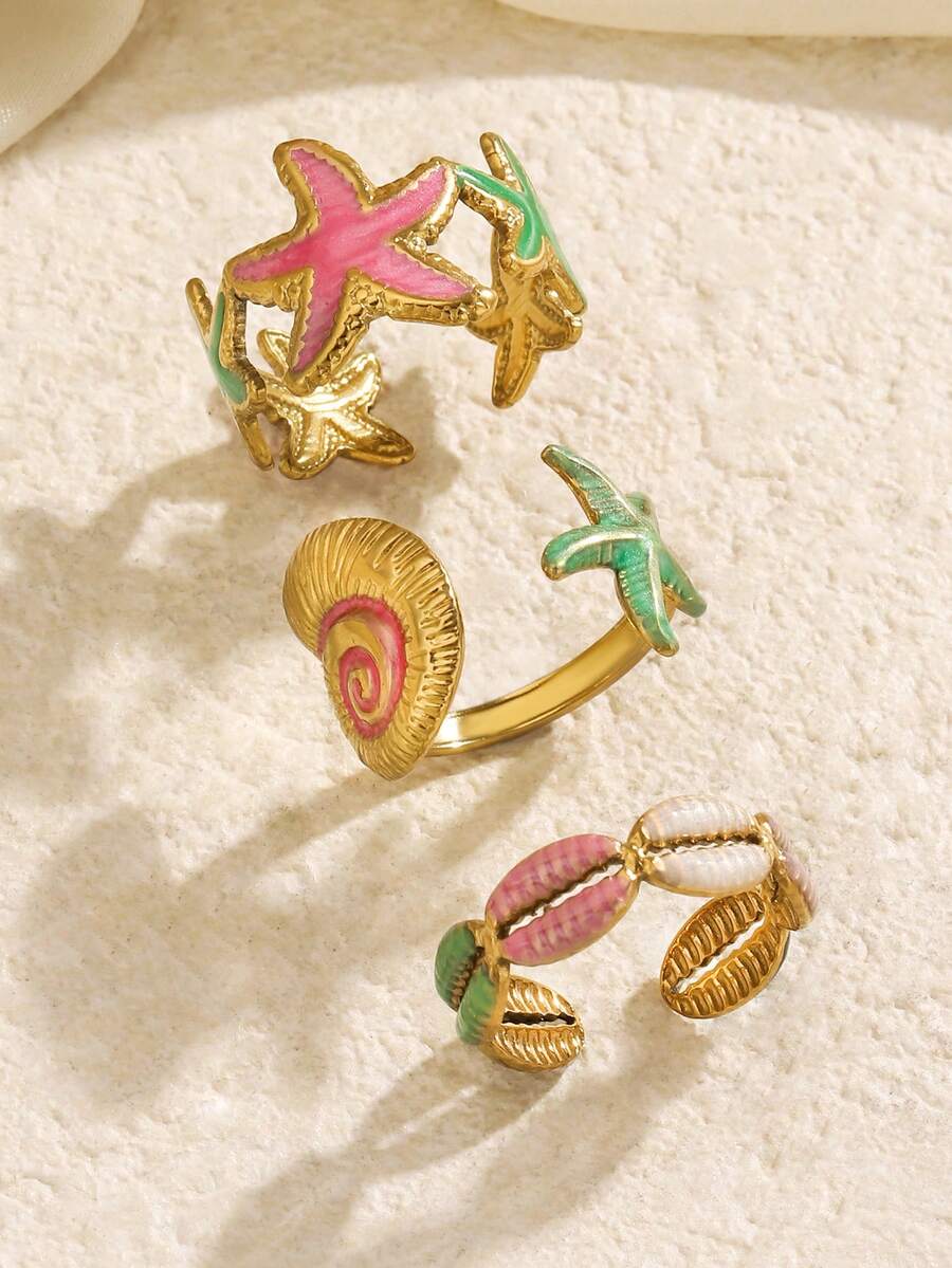 3pcs Stainless Steel 18K Gold Plated Summer Vacation Casual Style Colorful Starfish Shell Ring Set Suitable For Women Daily, Holiday, Vacation, Date Wear - Multicolor - View 1